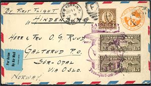 To konvolutter, sendt fra hhv. Jamaica og USA med returflighten til Luftskipet Hindenburg i 1936 til Norge. Begge konvoluttene stemplet "Mit Luftshiff Hindenburg Befördert, Frankfurt I Main 14.5.36" samt ankomststempel "Bureau Amb. Oslo-Ed 15.5.36" på baksiden.