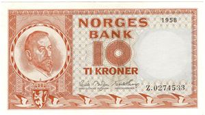 10 kroner 1958 Z.0274533 erstatningsseddel. Kv.1+/01