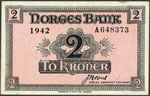 2 kroner London, serie A 648373. Bl.a. en liten flekk i øvre kant nær høyre 2-tall. 1