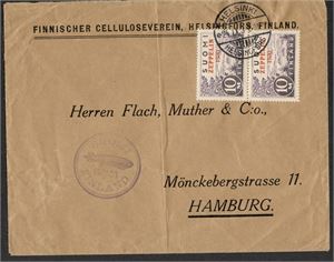 FINLAND 1930, Zeppelinpost. Brev till Hamburg, frankerat med två exemplar av 10 Mk Zeppelin (Mi 165),