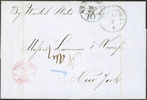 A complete letter from Ponce, Puerto Rico to New York, with "St Thomas 16.12.1868" transitt-postmark at front together wit one "N.V. Steam Ship Dec 28 10". At reverse a mark from Forwardingcompany CW Smith".