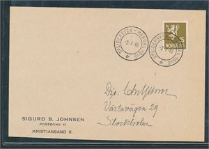 Kort til Stockholm stemplet "SPEIDERBYEN - MANDAL1948 2-7-48"