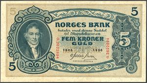 5 kroner 1936, serie O.3622894. 0/01