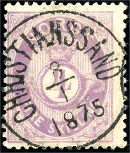 19 II. 4 skilling Posthorn, fullstemplet "Christianssand 8.1.1875".