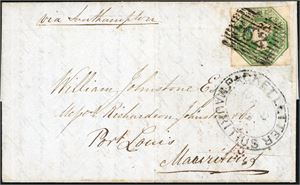 55. GB. 1/- embossed on complete cover from Burntisland, Scotland to Mauritius, cancelled  with number 62" and a large postmark "Packet Letter Mauritius" at side. Three postmarks at reverse. The stamp with margins at the both sides, but touching on top and bottom.