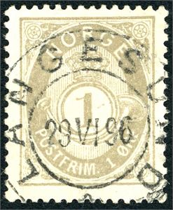 49 II. 1 øre 20 mm, rettvendt fullstemplet "Langesund 29.6.96".