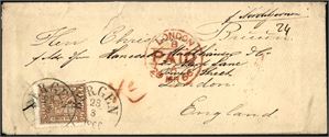 10. 24 skill på konvolutt, stemplet "Bergen 23.3.1866" og sendt  til London. "pr. Nordstjernen" håndskrevet oppe til høyre samt rødt ankomststempel"London Paid 29 Mr 66" midt på. Baksiden stemplet "Norwegen direct." samt to ulike "Hamburg"-stempler. Konvolutten med rift oppe som ikke berører merket. Kun et tilsvarende brev er registrert i NK Postal.
