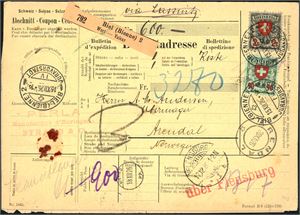 Switzerland. 2 Fr and 90 c on adresscard for packets, cancelled "Biel (Bienne) Juravorst 15.12.26" and sent to Arendal, Norway. "Flensburg 17.12.26", "Arendal 20.12.26" and the rare small ship-cds "Kr.s-Frh. D P.P. 18.12.2" at side.
