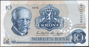 10 kroner 1979, serie HO 0113918. 0