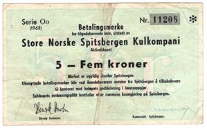 5 kroner Store Norske Spitsbergen Kulkompani. 1968. Oo. Kv.1/1-