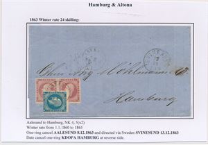 Brev til Hamburg med Nk 4 og Nk 5 x2 stemplet "AALESUND 8-12-1863" . Se utfyllende tekst på bidet