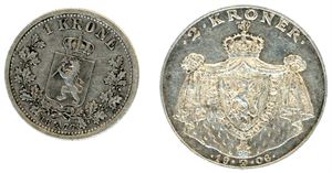 Samling/dubletter norske mynter fra ca 1875 og nyere i 5 album. Bl.a. 26 stk 2 kroner og  24 stk 1 kroner i sølv. VK