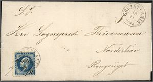 4. 4 skilling Oscar på komplett brev annullert med håndskrevet "Asker 13.11" samt stemplet "Christiania 13.11.1863".