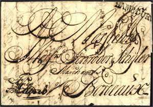 Komplett brev datert "Frederikshald August 17th 1756" og sendt via Hamburg til Bordeaux. Stemplet "Hambourg" i øvre høyre hjørne. Satt i porto med 25 Sols. Noen anmerkninger pga. syreholdig blekk.