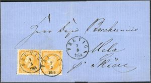 2. 2 skilling Oscar i horisontalt par på brevomslag, hvert merke stemplet "Brevig 2.3.1864".