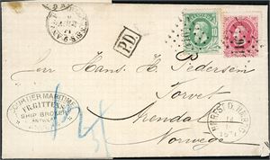 27,31. Belgium. 50c postage to Norway. 10 c- and 40 c Leopold II on complete letter from Antwerpen to Arendal, cancelled with "416" and dots. "Anvers" and norwegian ship cds "Hmrfst D Hmbrg 14.8.1871" at side.