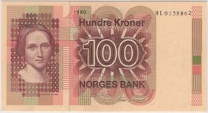 100 kroner 1980 HL. Erstatningsseddel. Kv.0