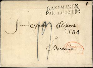 Komplett brev fra Christiania 8. August 1831 til Bordeaux, stemplet "Danemarck Par Hambourg", "T.T.R.4" samt "Allemagne p.Givet". Brevet har flere snitt etter Koleradesinfisering. Satt i porto med 19 decimes.