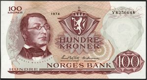 To stk 100 kroner 1974, serie Y 8236648/9. 0