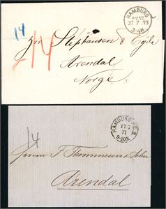 To brev fra Hamburg til Arendal i hhv. 1871 og 1873. Førstnevnte stemplet "Arendal-Fr.Havn 20.7.1871" på baksiden, det andre med "Chr-sand-fr-havn 28.7.1873" på baksiden.