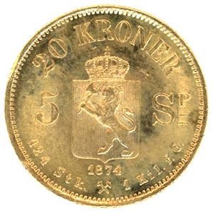 20 kroner/5 Spd 1874 i gull. Et lite kanthakk ved "124" på reversen. 01