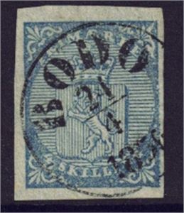 NK 1 med litt sidevendt stedsstempel "Bodø", smal marg høyre side