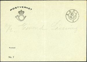 Postverkets "Postsak, Nr. 7", stemplet med Krone Posthorn "Åbål" (AA, 8 pkt). Konvolutten med vertikal arkivbrett.