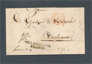 RUSSLAND-PREFRIM Brev 1848 til Bordeaux via Berlin med diverse stempler foran og bak