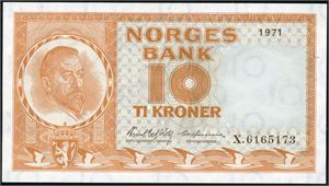 10 kroner 1971, serie X.6165173. Erstatningsseddel. 01