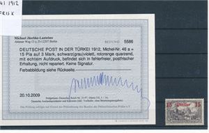 TYSK POST TYRKIA xx Mi 46a, 1912 15piaster/3Mark. Befund Jäschke-Lantelme 2009 (€  (€ 380)