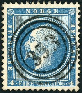 4. 4 skilling Oscar, anert med nummerstempel "353" (Ørskoug, MR, 6 pkt).