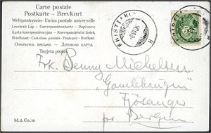76. 5 øre Posthorn på postkort, annullert med hjelpestempel "Kristiania H 8.6.06".