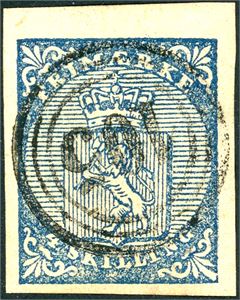 1. 4 skilling våpen 1855, anert med nummerstempel "105" (Havnæs, TR, 10 pkt). Bred marg oppe, to normale og litt smal nede. Svakt gullig i papiret.