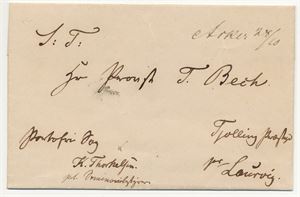 Håndskrevet Asker 28/10 (AK) på portofritt brevomslag til Tjølling pr. Laurvig.