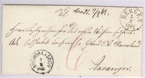 Brev st. I-Sogndal i Sogn 1-8-1861 , transit st. Bergen 3-8-1861, sendt til Stavanger