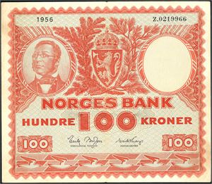 100 kroner 1956, serie Z.0219966. Erstatningsseddel. 1-
