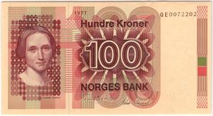 100 kroner 1977 QE erstatningsseddel. Kv.0