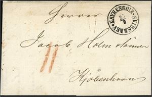 Komplett brev fra Christiania 23 september 1861, levert direkte på skipet, som har levert det videre til Skipsbrevkontoret i Kjøbenhavn, der det er stemplet "Skibsbrev Kiobenhavn 25.9" og satt i porto med "11 skilling Rigsmark". "Kiøbenhavn 25.9" stemplet på baksiden.