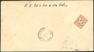 One american 2 c on envelope to St. Croix, cancelled "New Prague 1912 Jul 5" and postage due postmark "30 Centimes" at side. One 30 BIT Postage Due stamps at reverse together withe a "Fredriksted 27.7.1912" postmark. Cert. C.Aa. Møller.