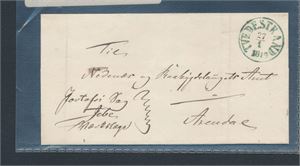 Portofritt prefrimbrev stemplet grønt "TVEDESTRAND 27-1-1849" til Arendal