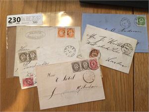 Brev.   5 pene brev frankert med div. skravert posthorn.  Alle sendt til utlandet 1870-80.   Send fra Bergen, Grimstad, Stavanger og Christiania.