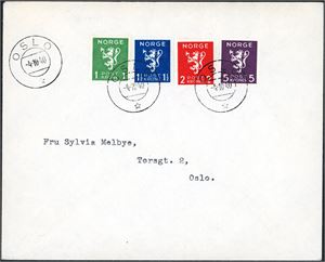 225/28. Løve kronemerker i komplett serie på konvolutt, stemplet "Oslo 4.10.40".