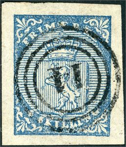 1. 4 skilling våpen 1855, annullert med nummerstempel "14" (Arendal). Meget gode marger i alle sider.