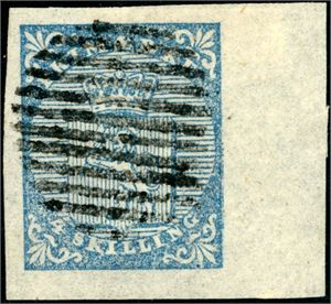 1. 4 skilling Våpen 1855, annullert med 12-streks riststempel. Del av arkrand på høyre side, de øvrige er også brede.