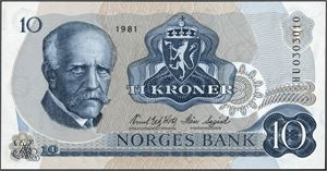 10 kroner 1981, serie HU 0303010. Erstatningsseddel. 0/01 *