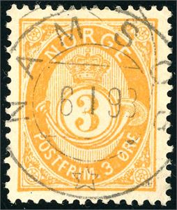 51 III. 3 øre 20 mm, rettvendt fullstemplet "Namsos 6.1.93".