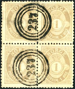 65. 1 øre grovtagget Knudsen i 4-blokk, annullert med 3-rings "237" (Brevig-Kristiansand).