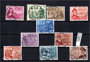 Nk 359-69 o. Fullstemplet Postjubileum. Spesielt pent "ARNØYHAMN" på 55øre og sidevendt "BJØRKEDAL" (Te) på 10øre