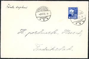 185/88. Bjørnson. De fire valørene på hver sin brevfront, alle stemplet "Fredrikstad 8.12.32". 10- og 15 øren er i par og 20- og 30 øren som enkeltmerke.
