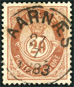 39 Y. 20 øre brun med stående vannmerke, pent fullstemplet "Aarnæs 27.7.1883".